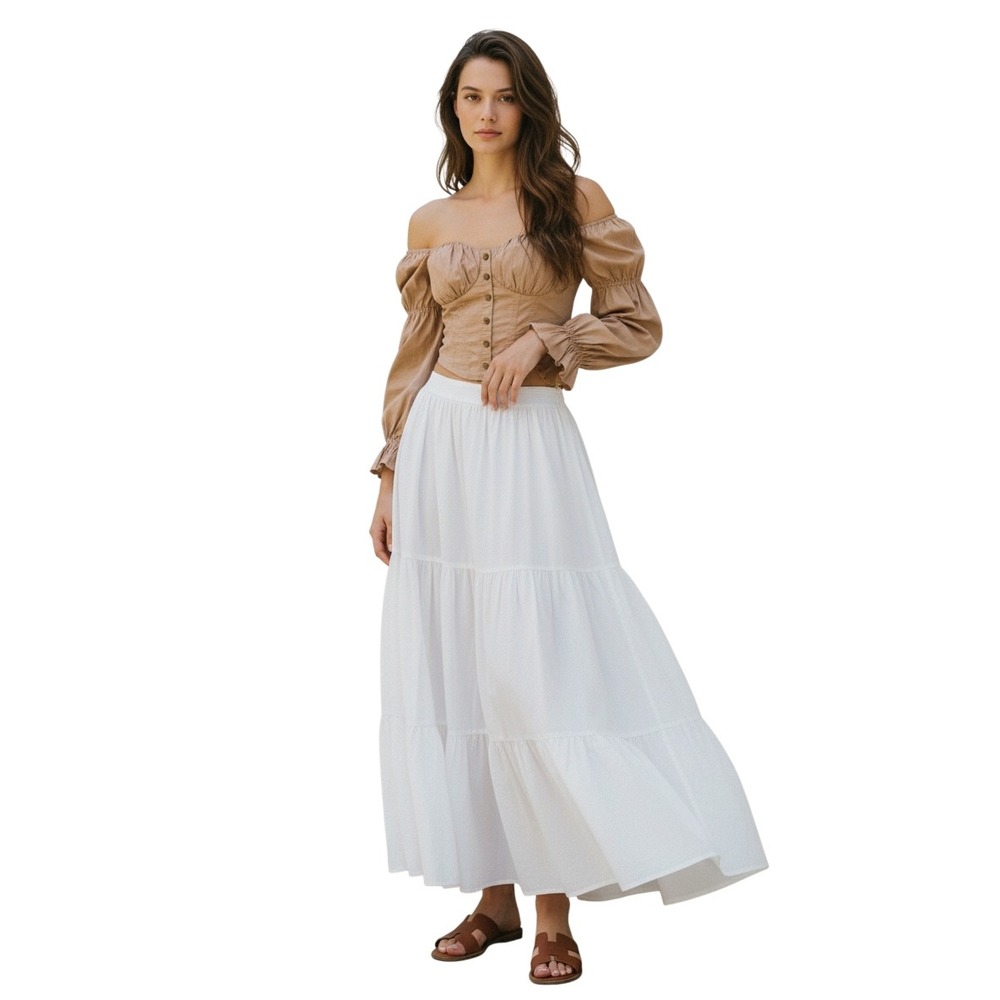 Privy Tan Off The Shoulder Corset Blouse Puff‎ Sleeve Ruched Top Small PT40690S